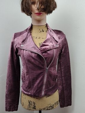Aeropostale Women's Plum Velvet Moto Jacket front Zipper Size XSmall
